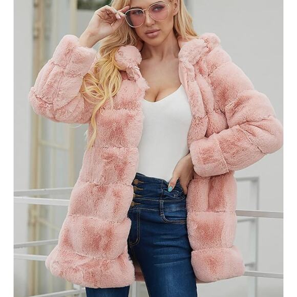 Soft Pink Faux Fur Hooded Jacket Coat Excellent Pockets Lined Lanshifei Small - Picture 7 of 8
